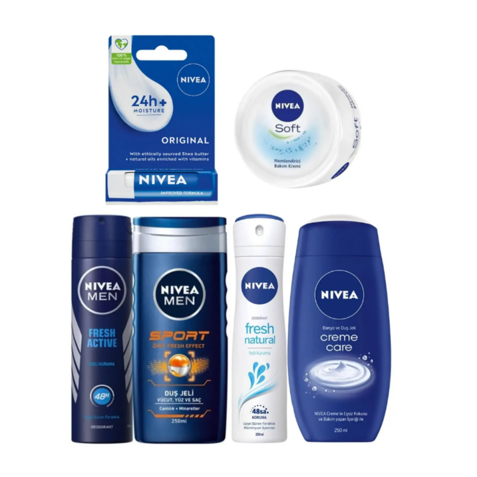 Nivea Cilt Bakım Seti, Dudak Koruyucu, Deodorant, Duş Jeli, Bakım Kremi 50ml