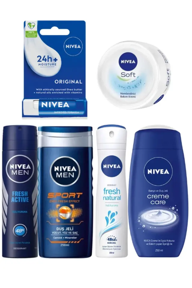 Nivea Cilt Bakım Seti, Dudak Koruyucu, Deodorant, Duş Jeli, Bakım Kremi 50ml