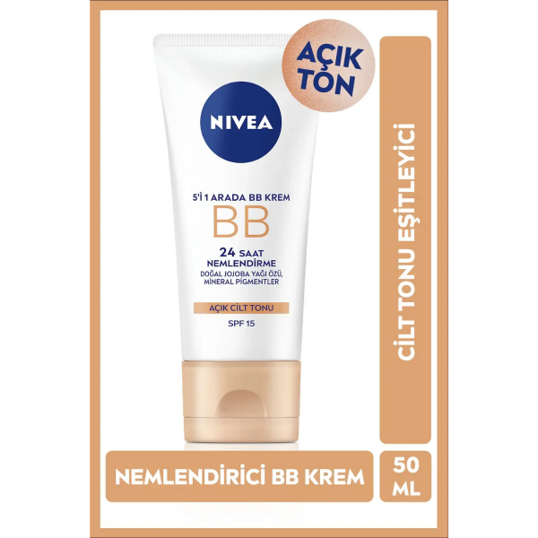 Nivea Nemlendirici BB Krem 50ml, Cilt Tonu Eşitleyici, SPF15 Güneş Koruyucu, Gözenek Görünümü, Açık Ton
