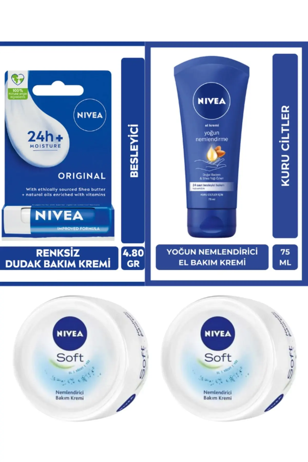 Nivea Yoğun Nemlendirici El Kremi 75ml, Original Dudak Kremi, Nemlendirici Soft Bakım Kremi 50ml x2