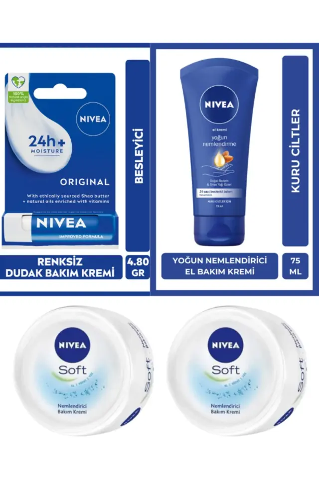 Nivea Yoğun Nemlendirici El Kremi 75ml, Original Dudak Kremi, Nemlendirici Soft Bakım Kremi 50ml x2