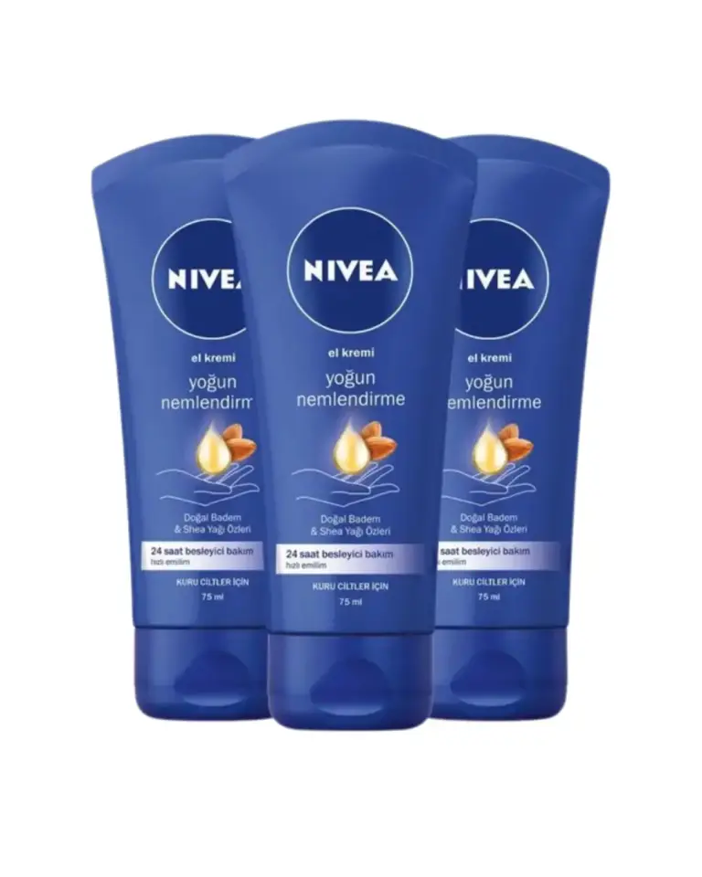 Nivea Yoğun Nemlendirici ve Besleyici El Bakım Kremi 75ml, Doğal Badem, Shea Yağı Özü, Kuru Cilt, X3 Adet
