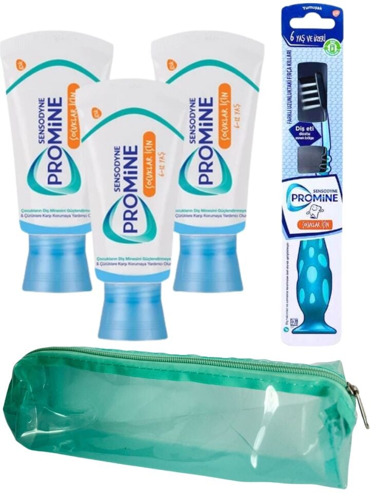 Promine Çocuk Diş Macunu 50ML x 3 Adet +Promine 6 Yaş ve Üzeri Çocuklar İçin Yumuşak Diş Fırçası + Çanta