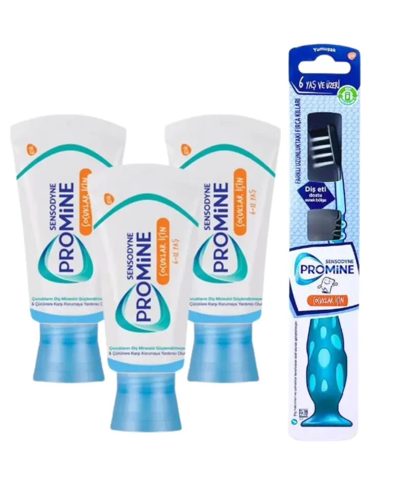 Sensodyne Promine Çocuk Diş Macunu 50ML x 3 Adet +Promine 6 Yaş ve Üzeri Çocuklar İçin Yumuşak Diş Fırçası Siyah