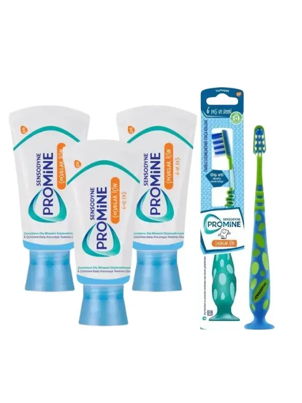 Sensodyne Promine Çocuk Diş Macunu 50ml X 3 Adet +Promine 6 Yaş ve Üzeri Çocuklar Için Yumuşak Diş Fırçası