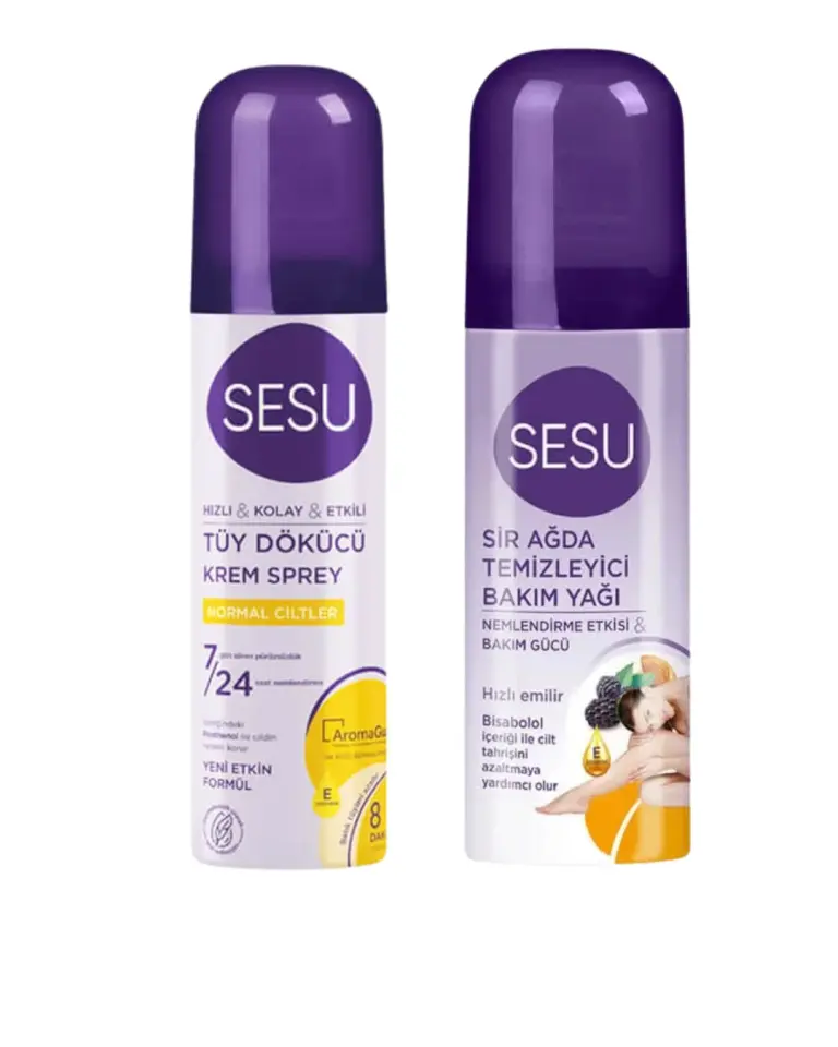 Sesu Tüy Dökücü Krem Sprey Normal Ciltler 150 ml + Sesu Ağda Temizleyici Bakım Yağı 150 ml 2'Li Ağda Set
