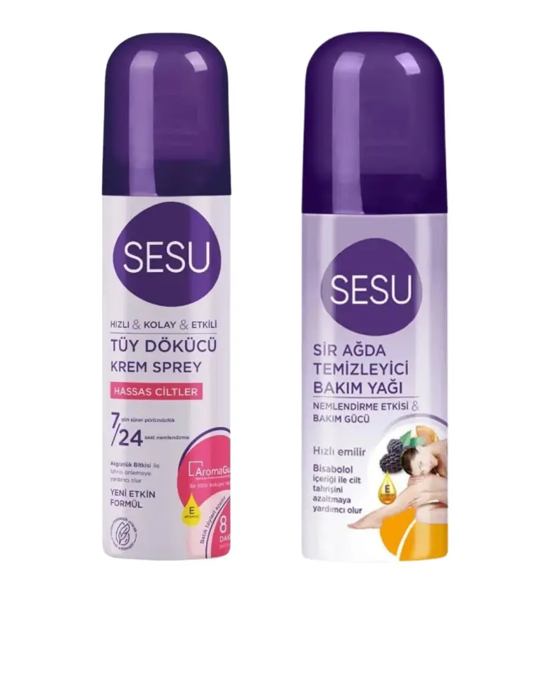 Sesu Tüy Dökücü Sprey 150 ml Hassas Ciltler+ Sesu Ağda Temizleyici Bakım Yağı 150 ml 2'Li Ağda Set