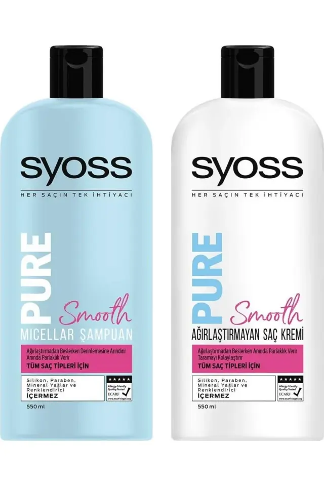 Syoss Pure Smooth Mıcellar Şampuan 550 ml+ Syoss Pure Smooth Saç Kremi 550 ml