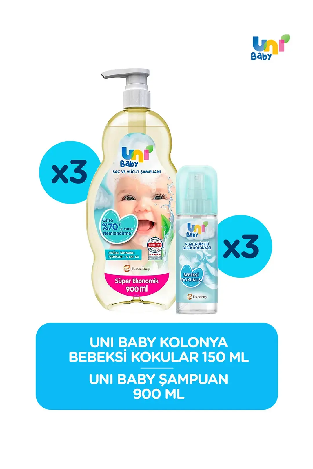 Uni Baby Bebek Bakım Seti ( Bebeksi Kokular Kolonya 3x150 ml Şampuan 3x900ml)
