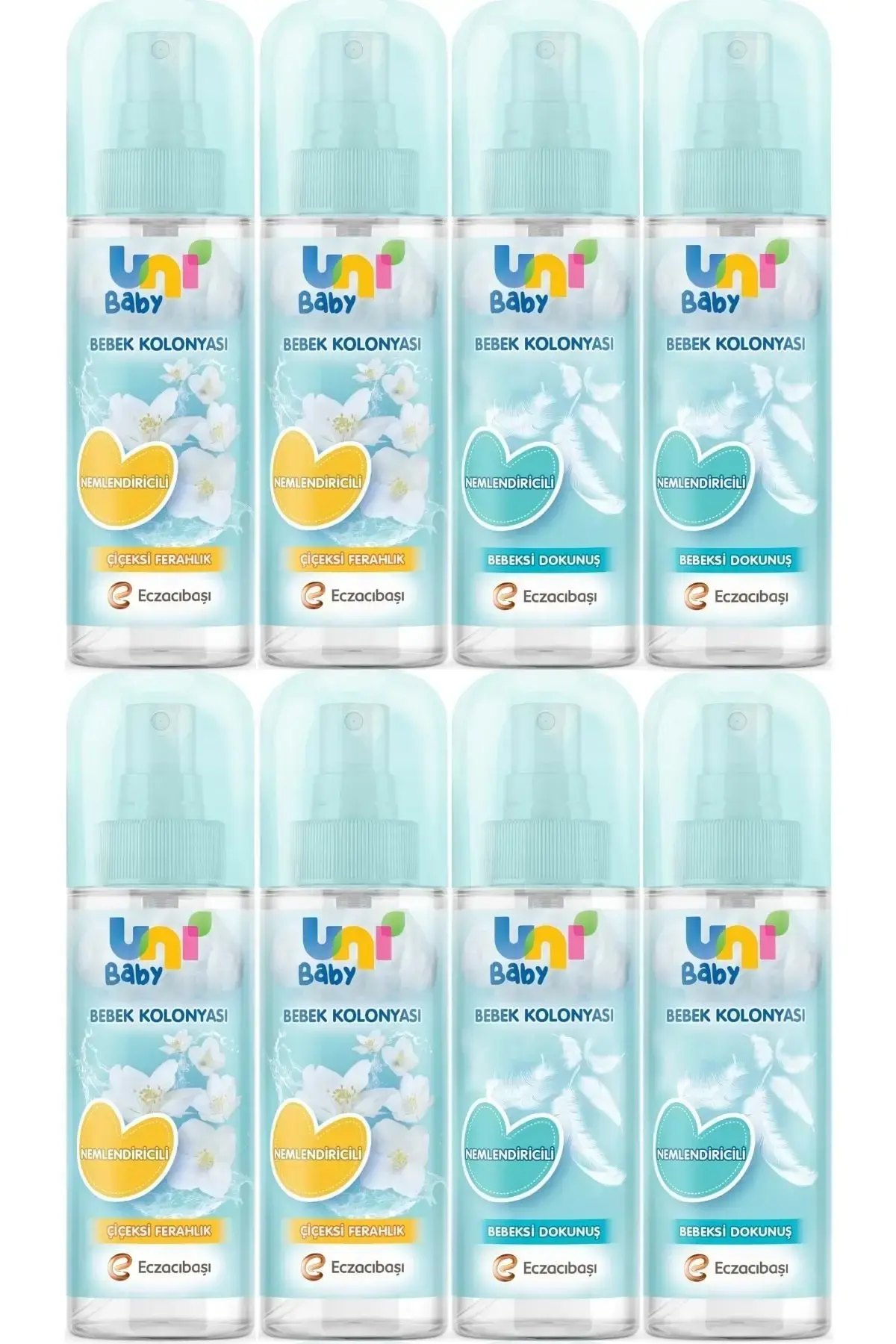 Uni Baby Bebek Kolonyası 150ml Karma Set Nemlendiricili (BEBEKSİ DOKUNU/ÇİÇEKSİ FERAHLIK) (8 Lİ SET)
