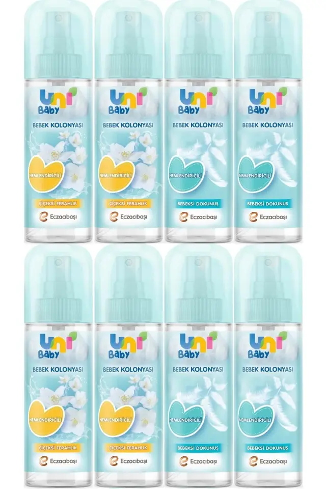 Uni Baby Bebek Kolonyası 150ml Karma Set Nemlendiricili (BEBEKSİ DOKUNU/ÇİÇEKSİ FERAHLIK) (8 Lİ SET)
