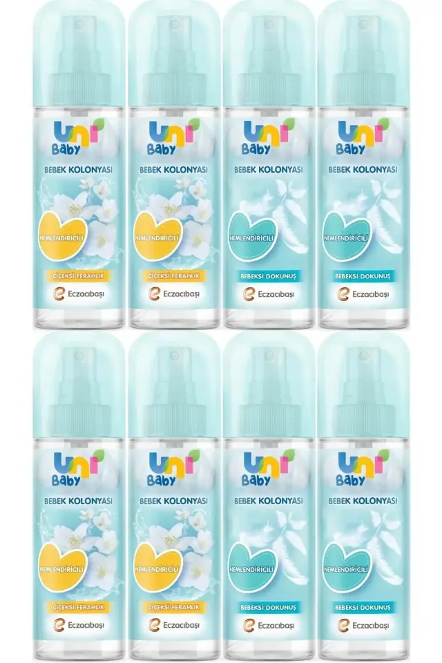 Uni Baby Bebek Kolonyası 150ml Karma Set Nemlendiricili (BEBEKSİ DOKUNU/ÇİÇEKSİ FERAHLIK) (8 Lİ SET)