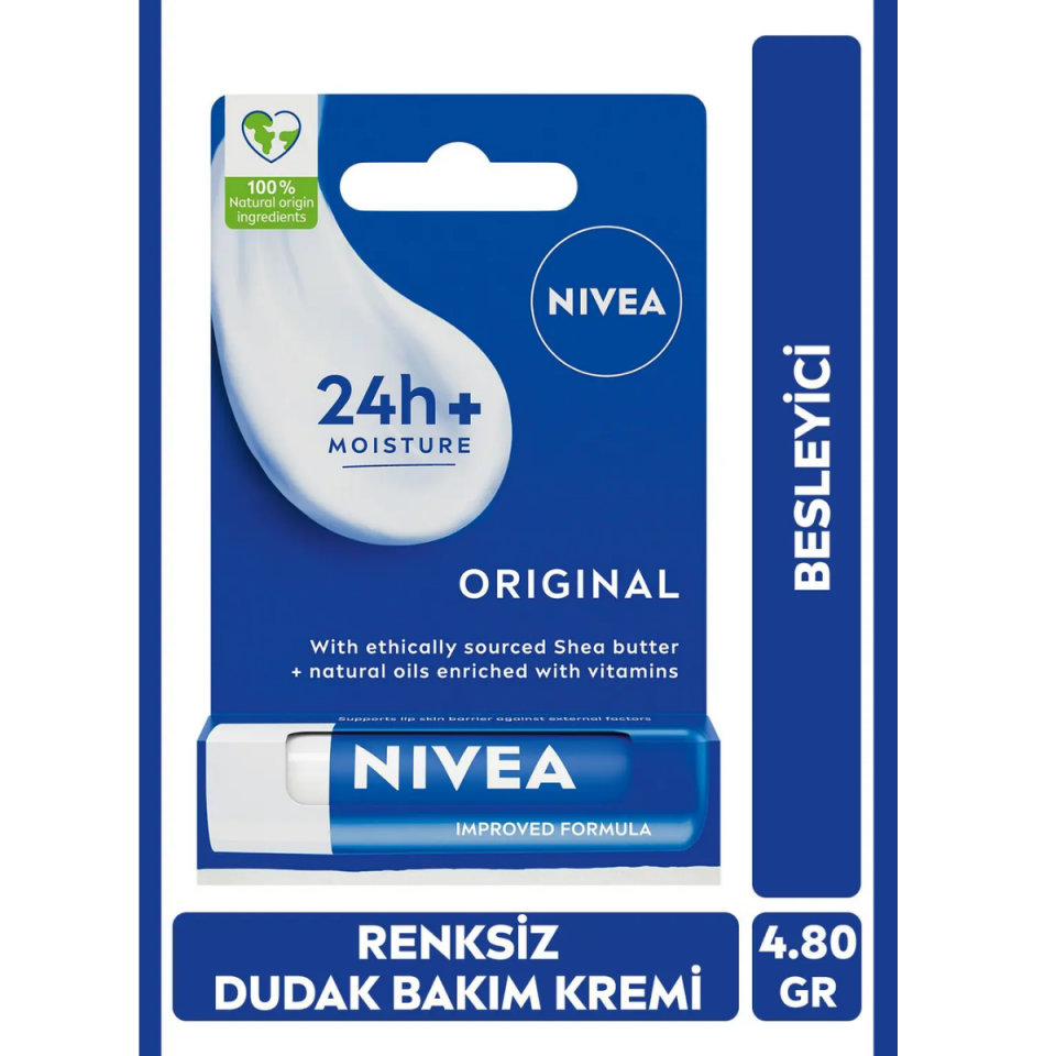 Nivea Original Care Renksiz Dudak Bakım Kremi 4.8gr, 24 Saat Nemlendirici, Besleyici, Shea Yağı, Doğal Yağ