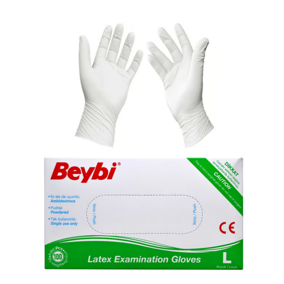 Beybi Muayene Eldiveni 100'lü Kutu Pudralı Büyük Boy Lateks