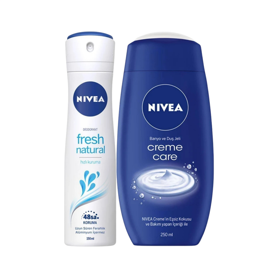 Nivea Fresh Natural Kadın Deodorant Sprey 150 ml + Creme Care Duş Jeli 250 ml Seti – 48 Saat Ferahlık ve Nemlendirici Bakım