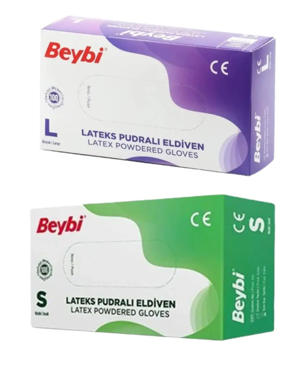 Beybi Lateks Pudralı Eldiven Small 100'lü + Beybi Lateks Pudralı Eldiven Large 100'lü 2'Li Paket