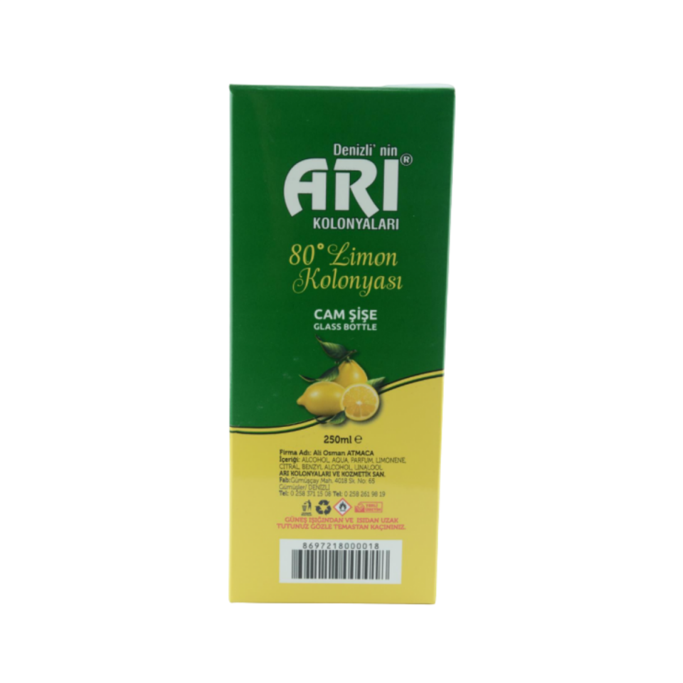 Arı Kolonya 80° Limon 250 ml – Ferahlatıcı ve Temizleyici Cam Şişe