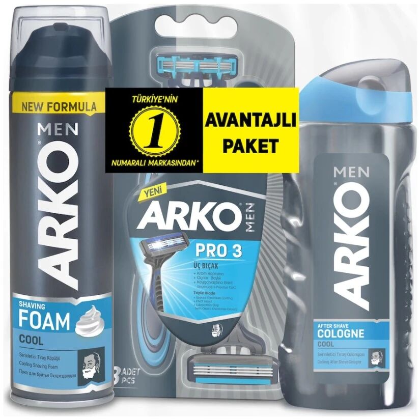 Arko Men T3 Pro 3 Bıçaklı Tıraş Bıçağı 3'lü & Cool Tıraş Köpüğü 200 ml & Cool Tıraş Kolonyası 250 ml