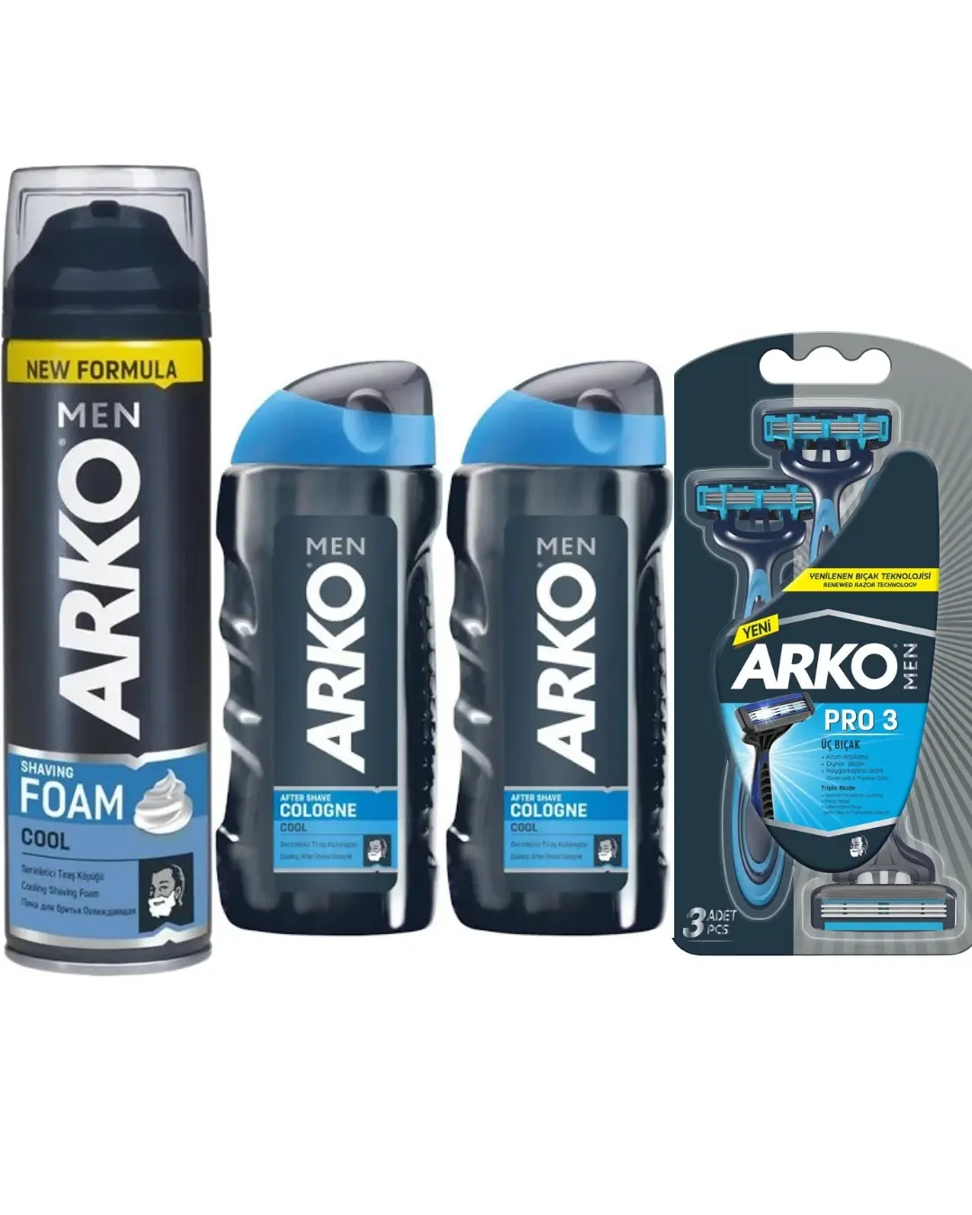 Arko Men Tıraş Köpüğü Cool + Arko Tıraş Bıçağı T3 Blister 3'lü + Arko Men Cool After Shave Kolonyası(2 Adet) 4 Parça Erkek Tıraş Set