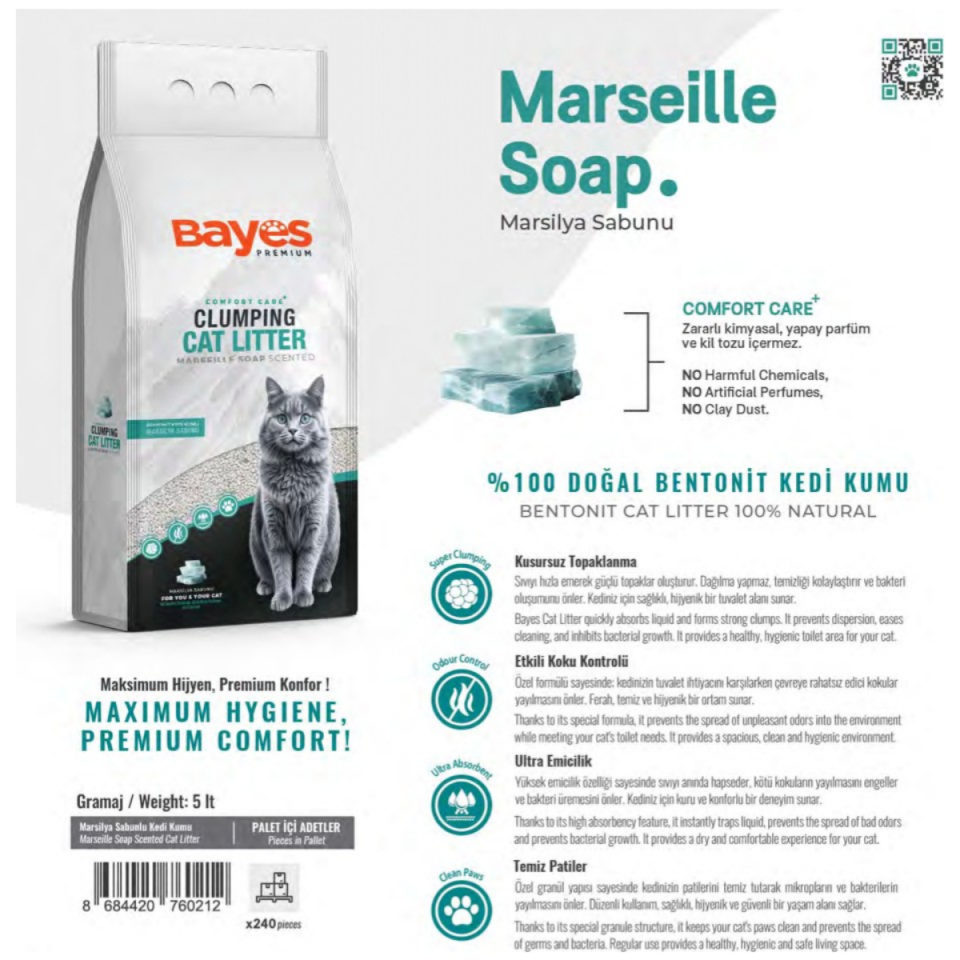 Bayes Bentonit Kedi Kumu Marsilya Sabunu 5 kg