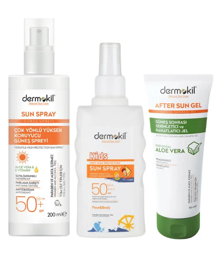 DERMOKİL Güneş Spreyi 50 SPF 200 ml + Çocuk 50 SPF Güneş Spreyi 200 ml + Güneş Sonrası Serinletici ve Rahatlatıcı Jel 100 ml 3'Lü Set