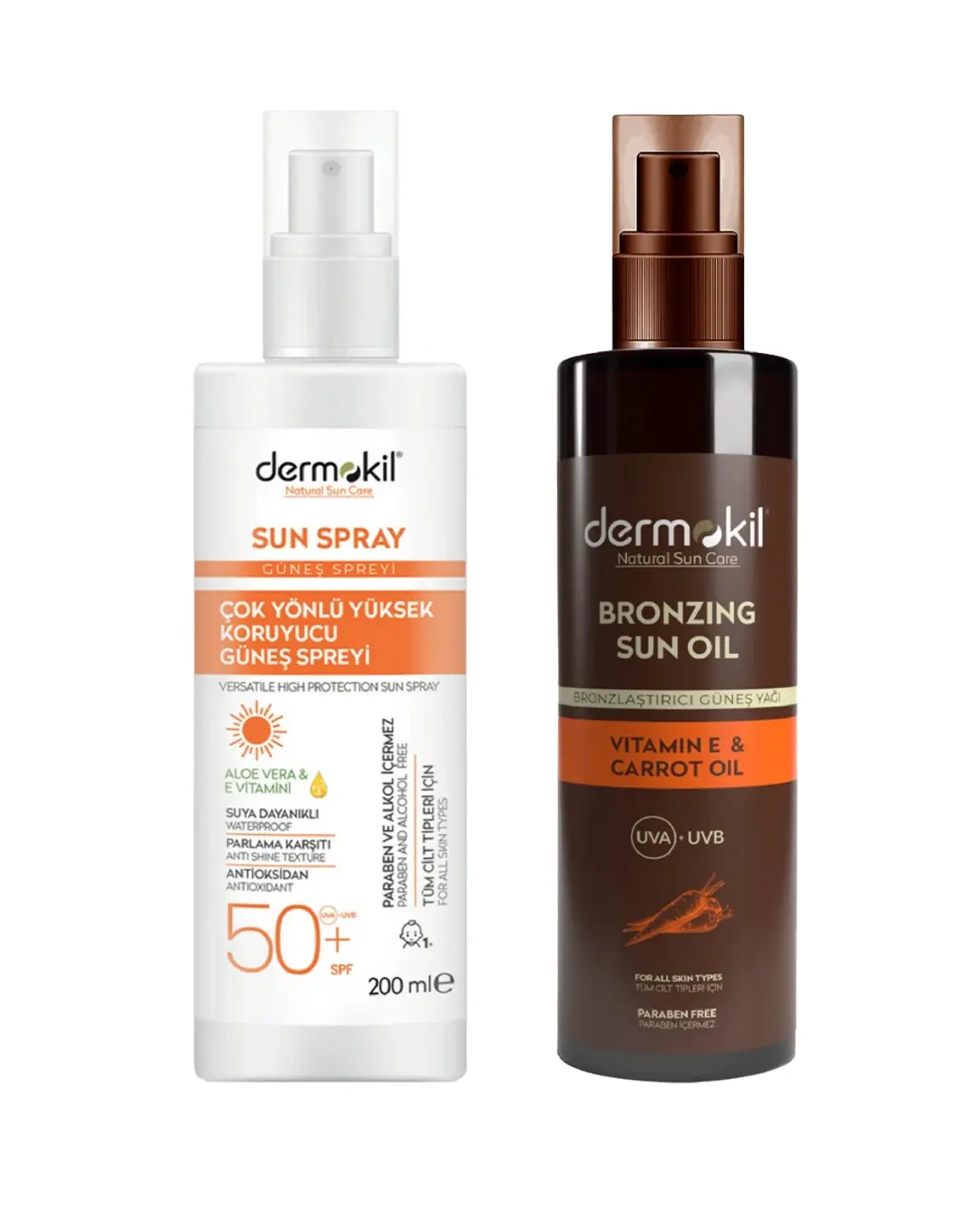 DERMOKİL Çok Yönlü Yüksek Koruyucu Güneş Spreyi 50 SPF 200 ml + DERMOKİL Bronzlaştırıcı Güneş Yağı 200 ml 2'Li Güneş Set