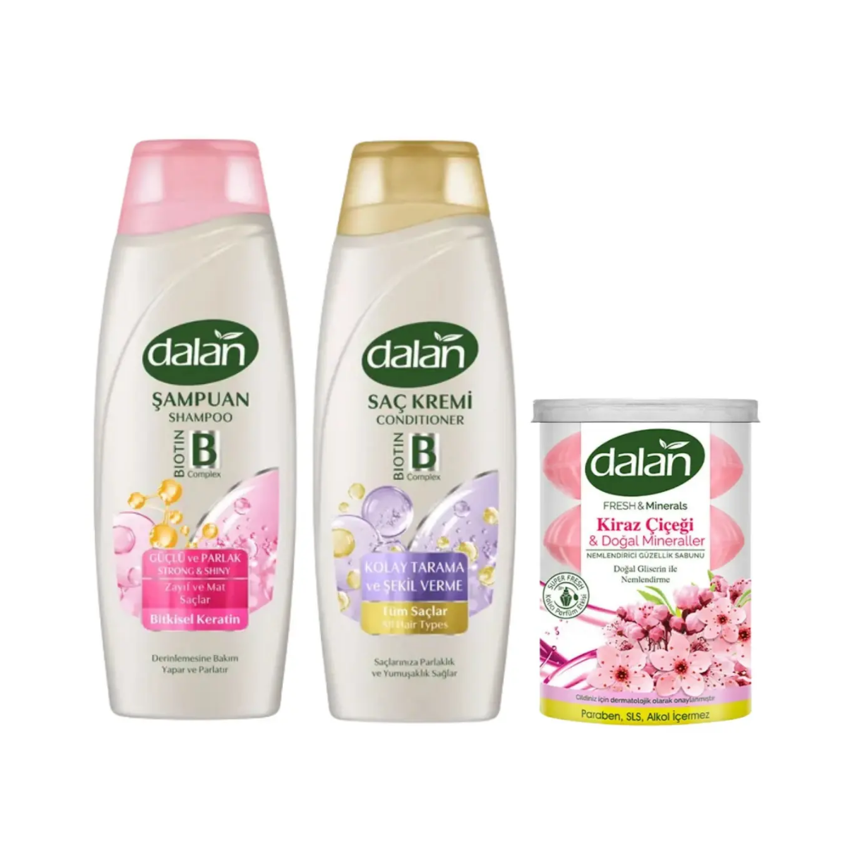 Dalan Güçlü ve Parlak Saçlar İçin Şampuan 450 Ml + Dalan Saç Kremi 450 Ml + Dalan Klasik Kiraz Çiçeği 110x4=440 gr