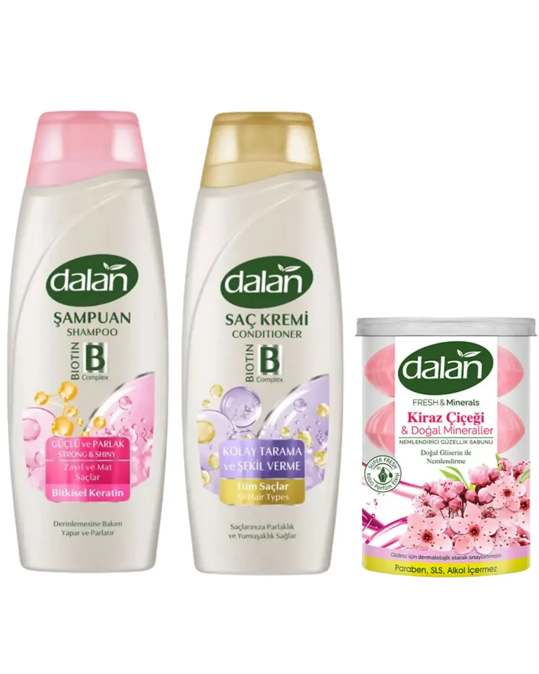 Dalan Güçlü ve Parlak Saçlar İçin Şampuan 450 Ml + Dalan Saç Kremi 450 Ml + Dalan Klasik Kiraz Çiçeği 110x4=440 gr