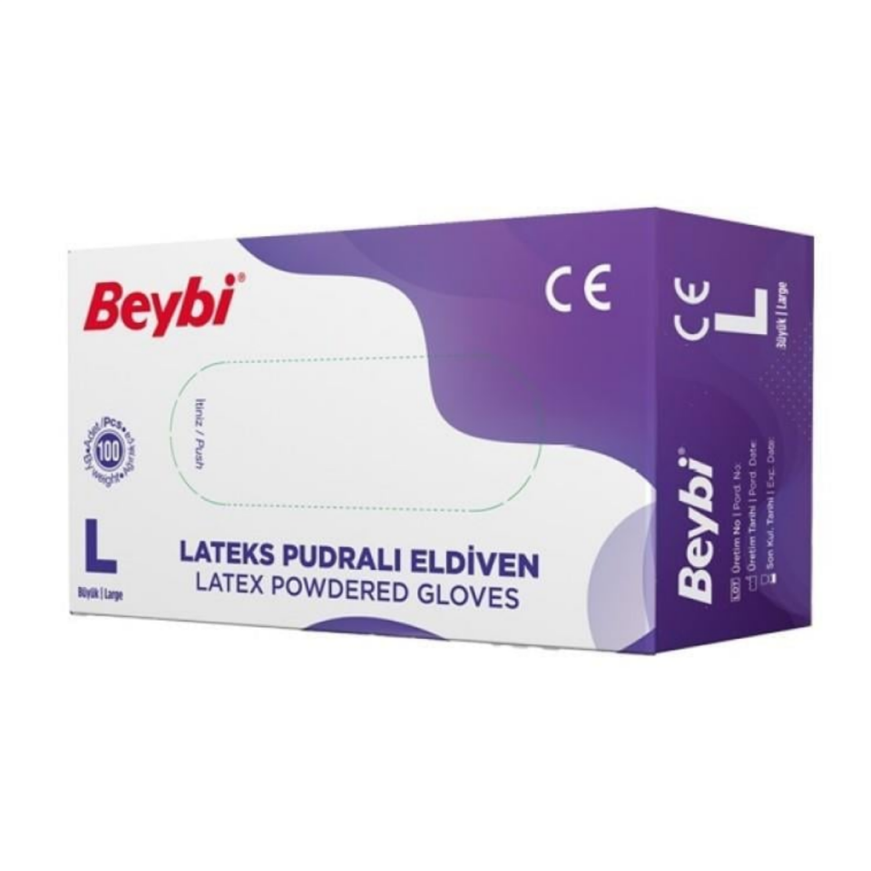 Beybi Pudralı Lateks Eldiven L Beden Beyaz 100'LÜ