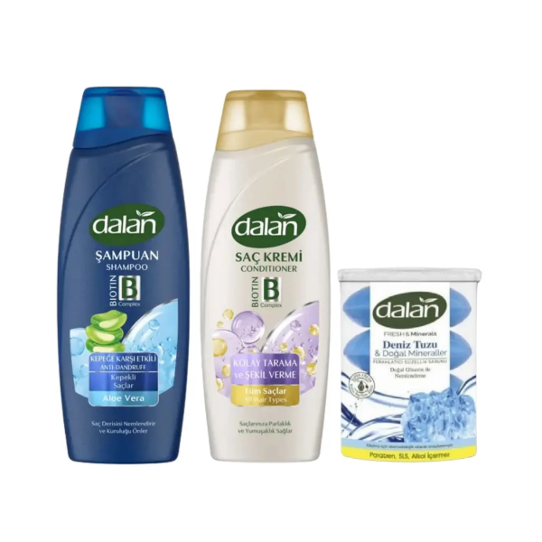 Dalan Kepeğe Karşı Etkili Şampuan 450 Ml + Dalan Saç Kremi 450 Ml + Dalan Klasik Deniz Tuzu 110x4=440 gr