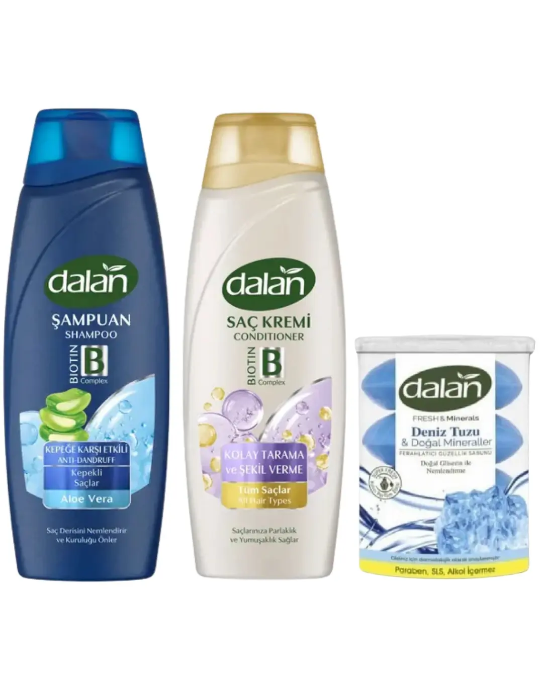 Dalan Kepeğe Karşı Etkili Şampuan 450 Ml + Dalan Saç Kremi 450 Ml + Dalan Klasik Deniz Tuzu 110x4=440 gr