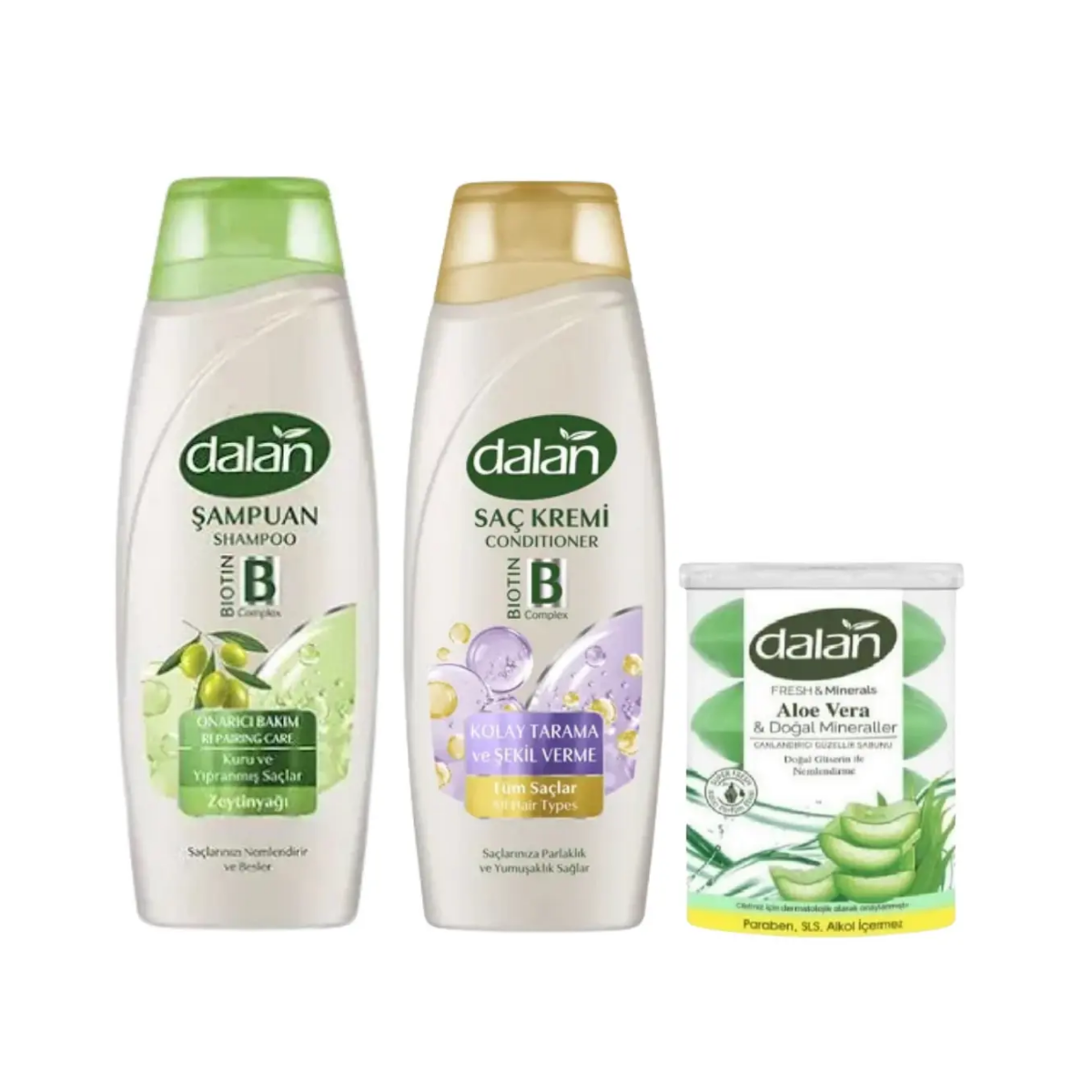 Dalan Onarıcı Bakım Şampuan 450 Ml + Dalan Saç Kremi 450 Ml + Dalan Klasik Aloe Vera 110x4=440 gr
