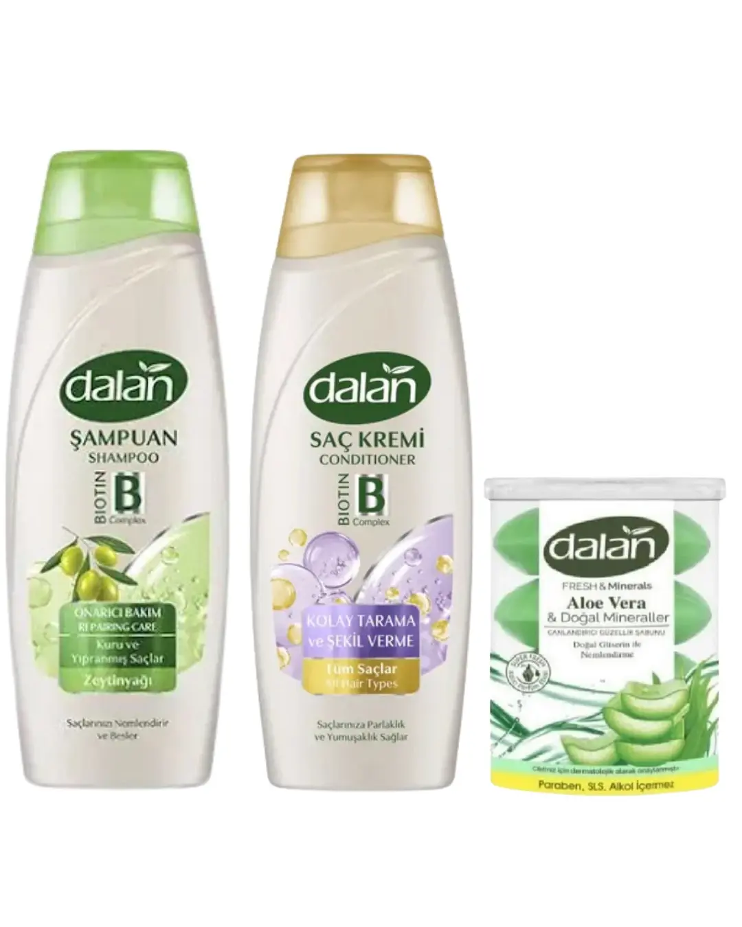 Dalan Onarıcı Bakım Şampuan 450 Ml + Dalan Saç Kremi 450 Ml + Dalan Klasik Aloe Vera 110x4=440 gr