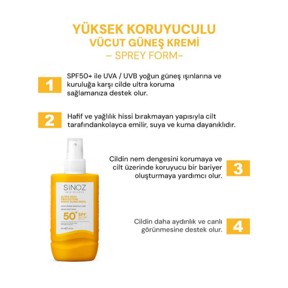 Sinoz Spf 50+ Ultra Yüksek Koruyucu Vücut Güneş Kremi Sprey - Nemlendirici Hassas Bakım 200 ml