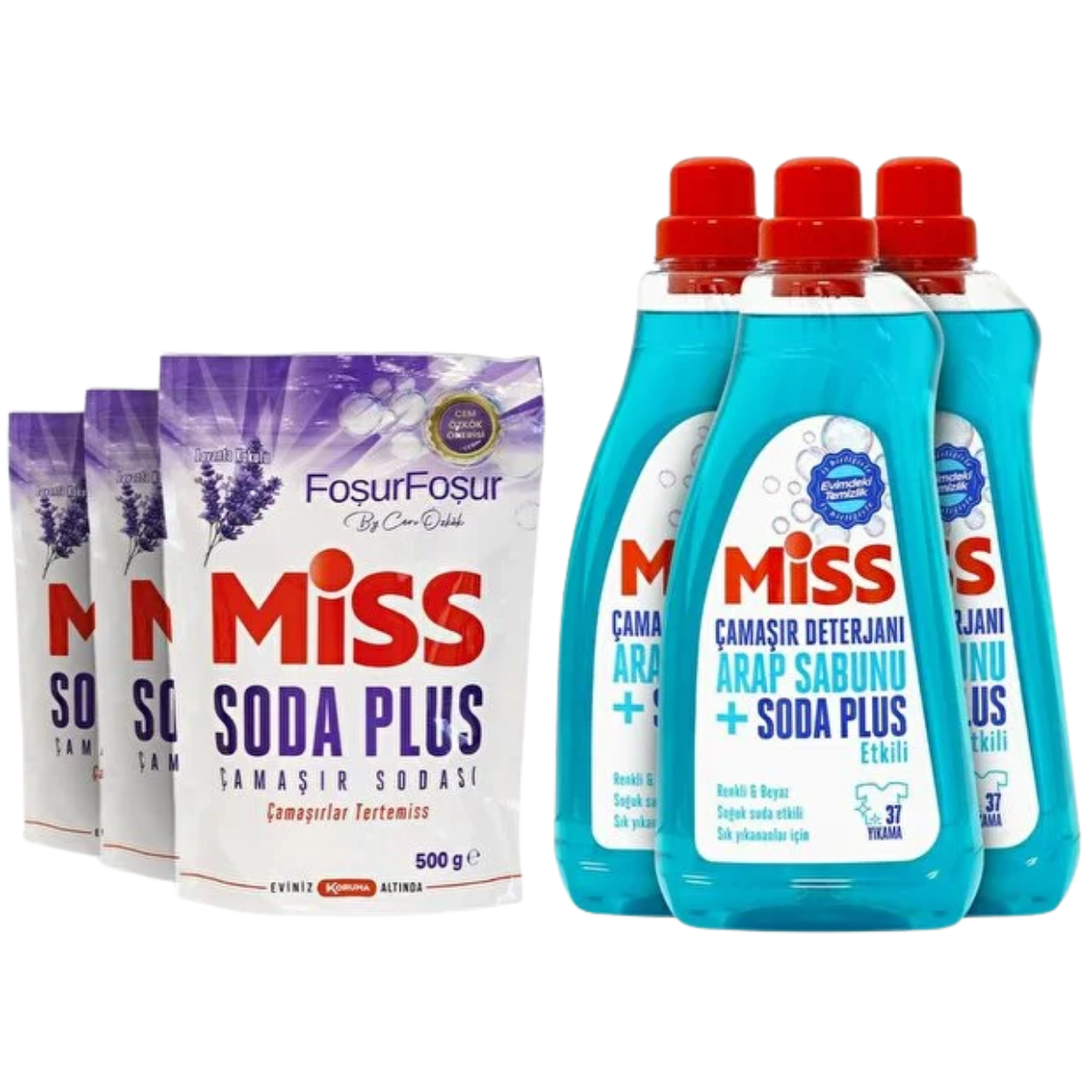 Miss Sıvı Çamaşır Deterjanı Arap Sabunu Ve Soda Etkili 1500 Ml X 3 + Miss Soda Lavanta 500 Gr X 3