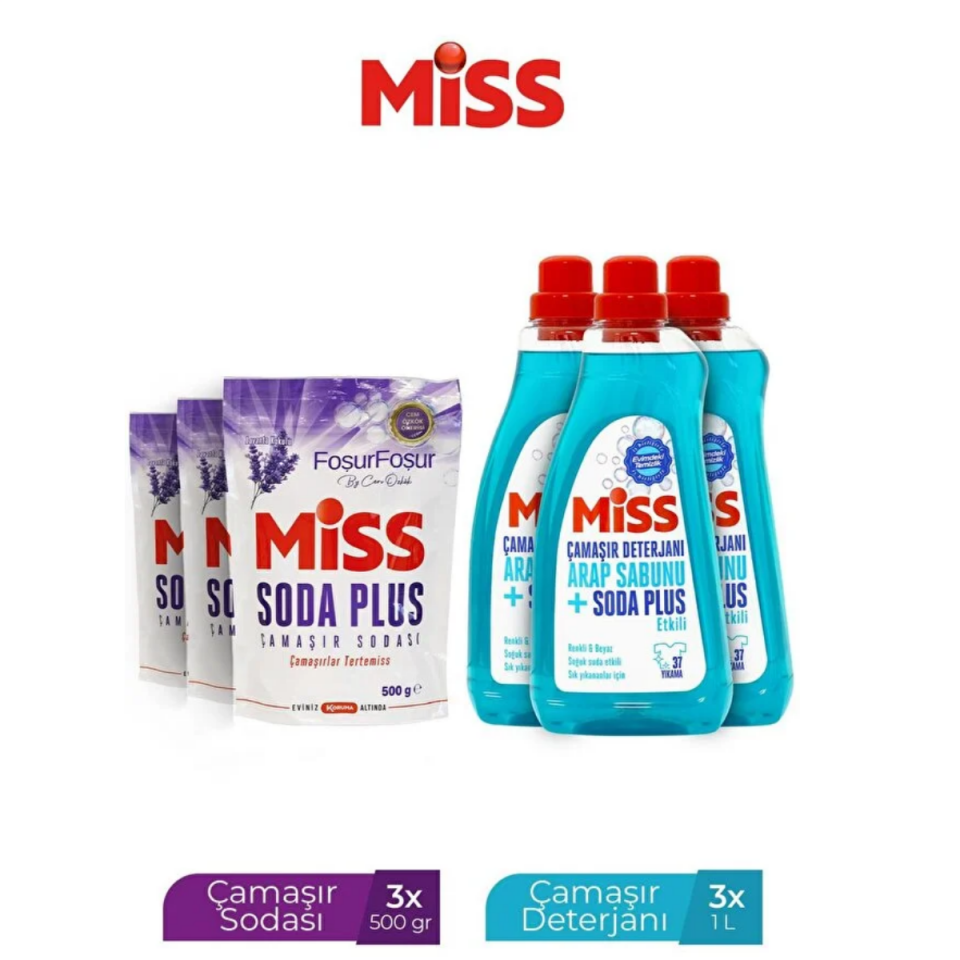 Miss Sıvı Çamaşır Deterjanı Arap Sabunu Ve Soda Etkili 1500 Ml X 3 + Miss Soda Lavanta 500 Gr X 3