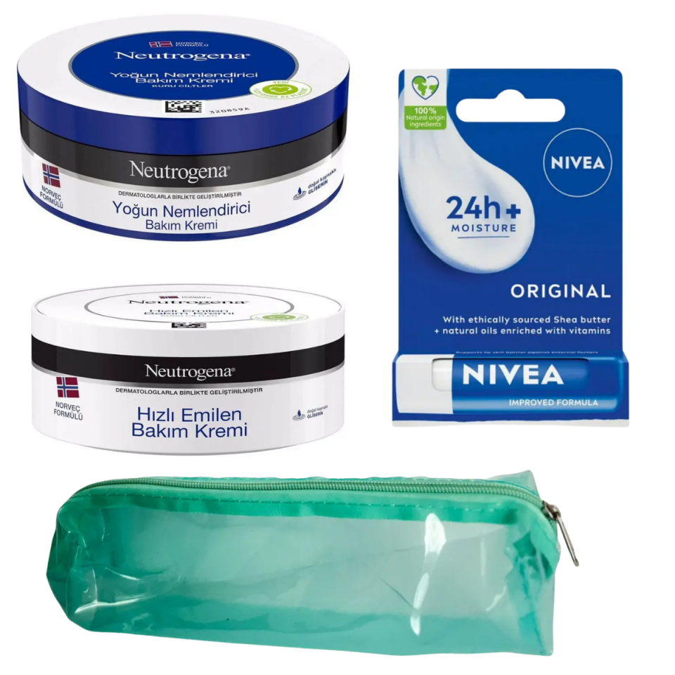 Neutrogena Hızlı Emilen Bakım Kremi 200 ml + Yoğun Nemlendirici Bakım Kremi 200 ml + Dudak Kremi + Çanta