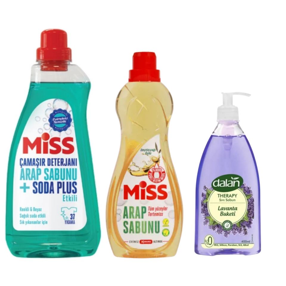 Miss Sıvı Çamaşır Deterjanı Arap Sabunu Ve Soda Etkili 1500 Ml + Arap Sabunu 1L + Dalan Sıvı Sabun Lavanta 400ml
