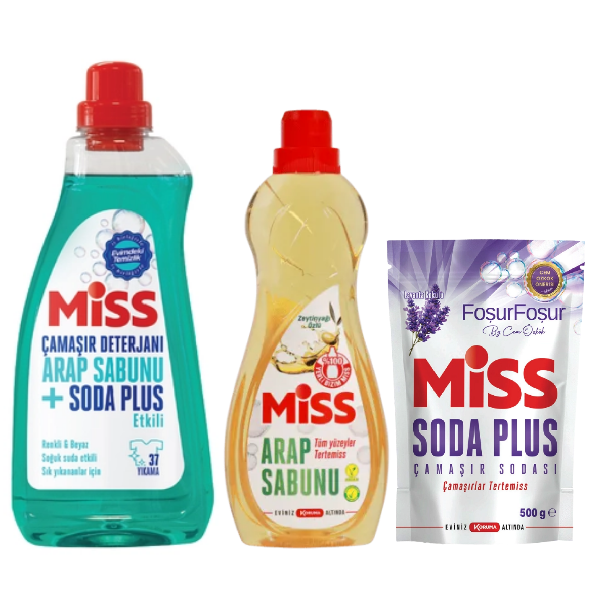 Miss Sıvı Çamaşır Deterjanı Arap Sabunu Ve Soda Etkili 1500 Ml + Arap Sabunu 1L + Çamaşır Sodası Lavanta Kokulu 500 g