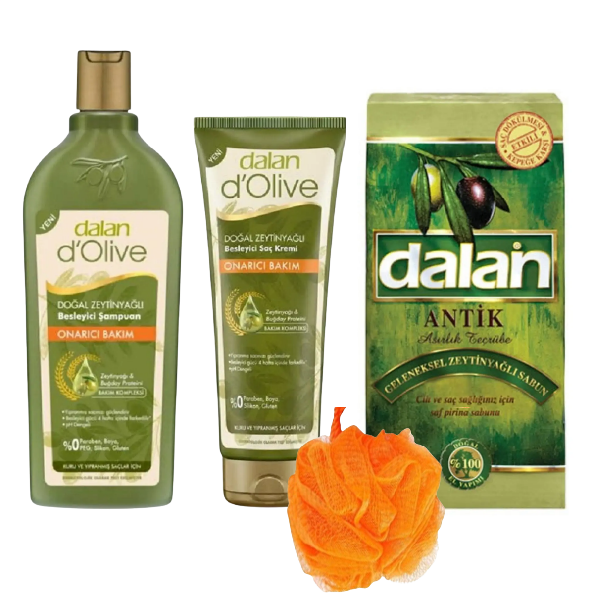 Dalan D'olive Onarıcı Bakım Şampuanı 400 ml Saç Kremi 200 ml + Dalan Sabun Antik Zeytinyağlı 1x900gr + Duş Lifi