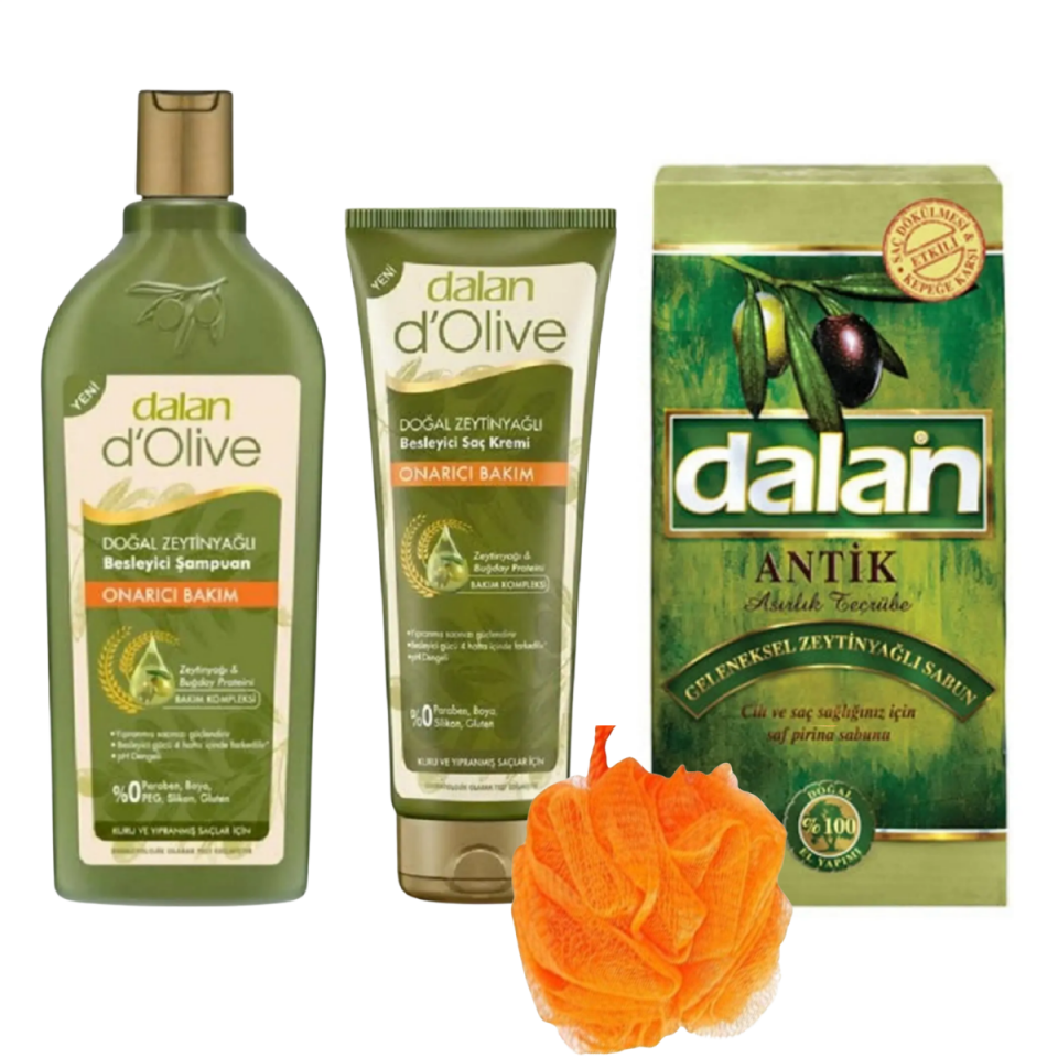 Dalan D'olive Onarıcı Bakım Şampuanı 400 ml Saç Kremi 200 ml + Dalan Sabun Antik Zeytinyağlı 1x900gr + Duş Lifi