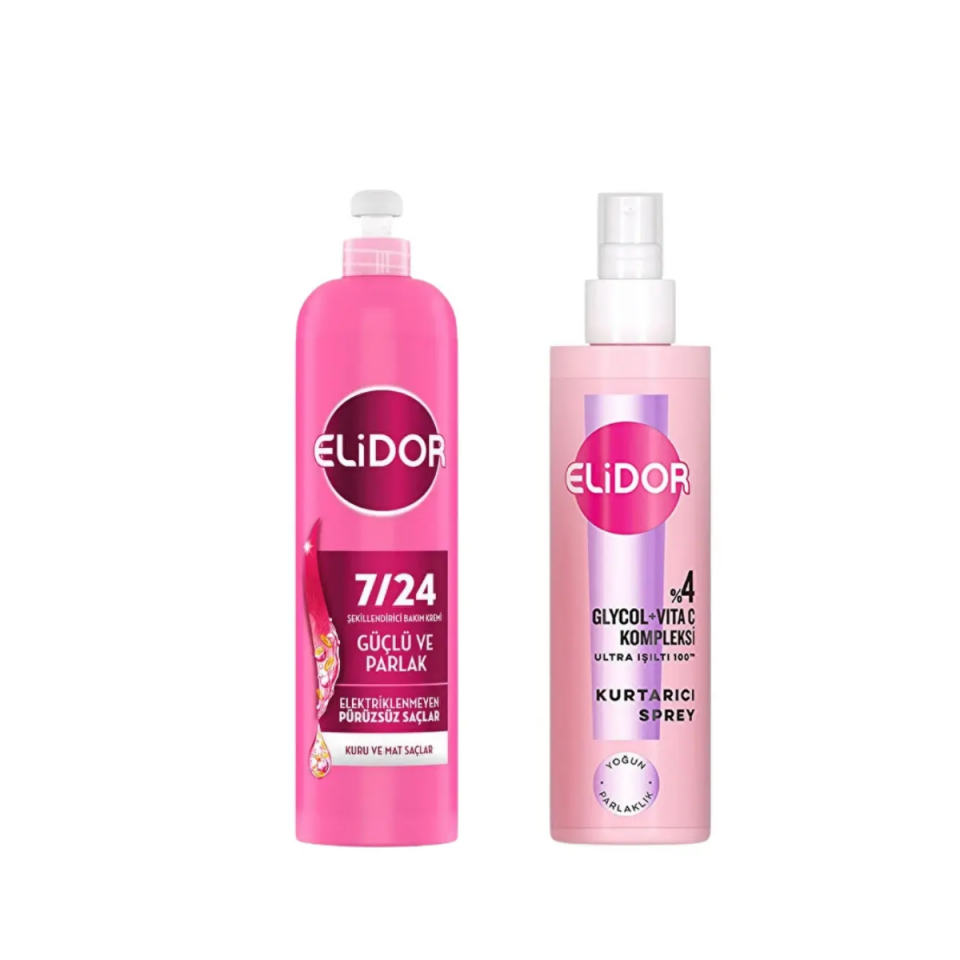 Elidor Güçlü ve Parlak Kuru ve Mat Saçlar 7/24 Şekillendirici 240ml + Kurtarıcı Sprey 200ml