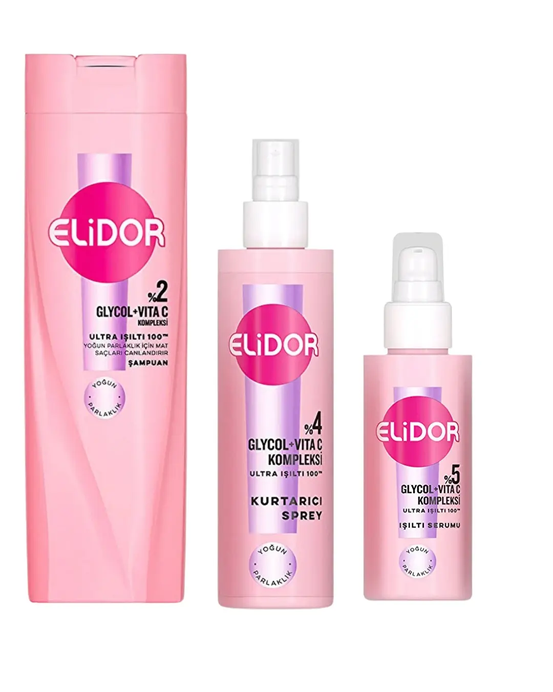 Elidor Saç Bakım Ultra Işıltı Yoğun Parlaklık 3'Lü Set (Şampuan 400ml + Sprey 200ml + Serum 90ml)