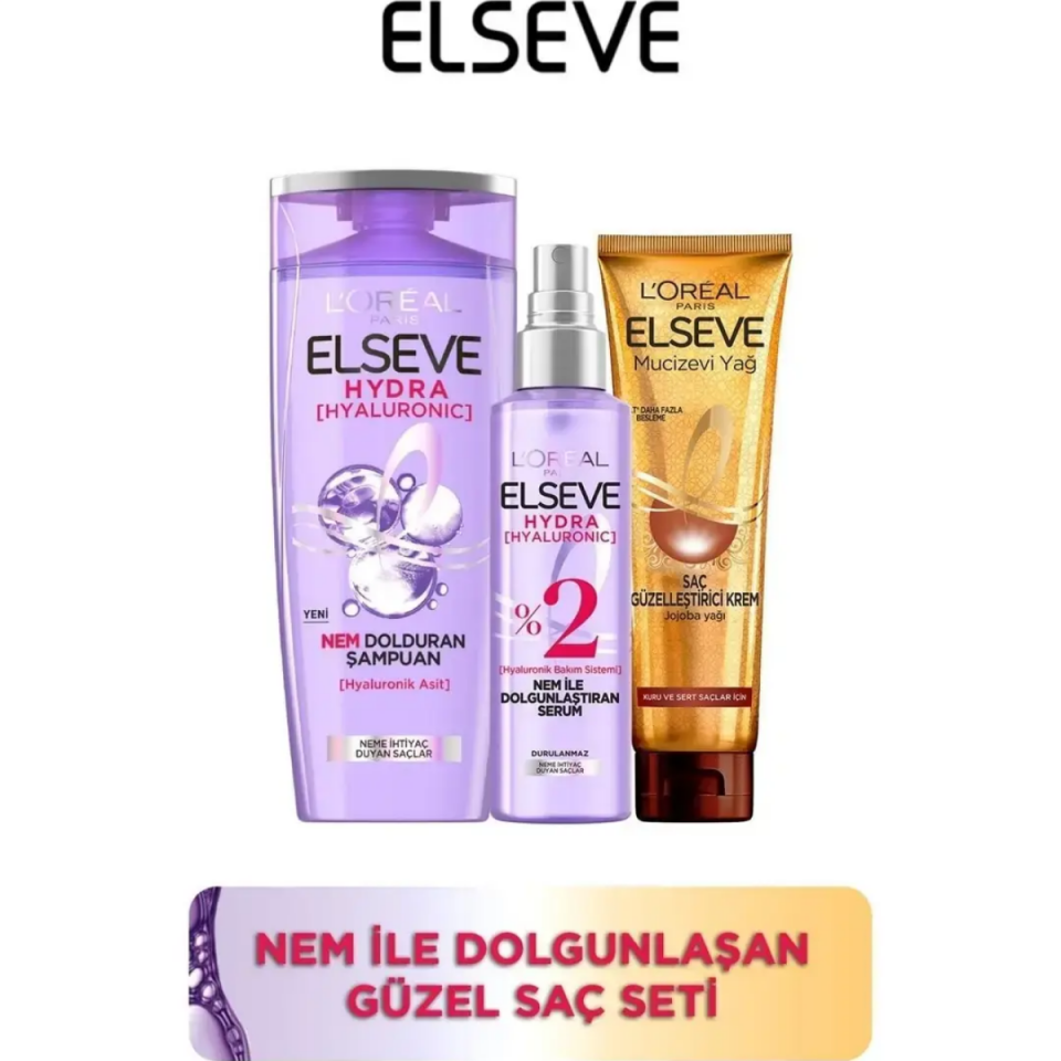 Elseve Hydra Şampuan + Serum + Mucizevi Yağ Saç Güzelleştirici Krem Seti - Kuru ve Sert Saçlar