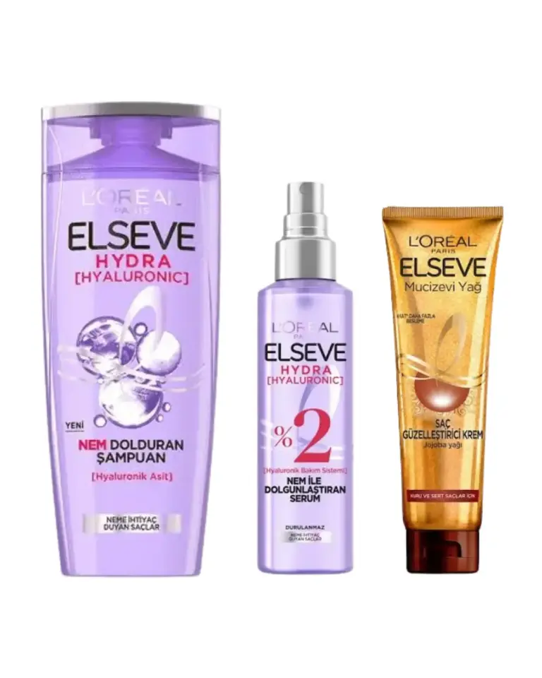 Elseve Hydra Şampuan + Serum + Mucizevi Yağ Saç Güzelleştirici Krem Seti - Kuru ve Sert Saçlar