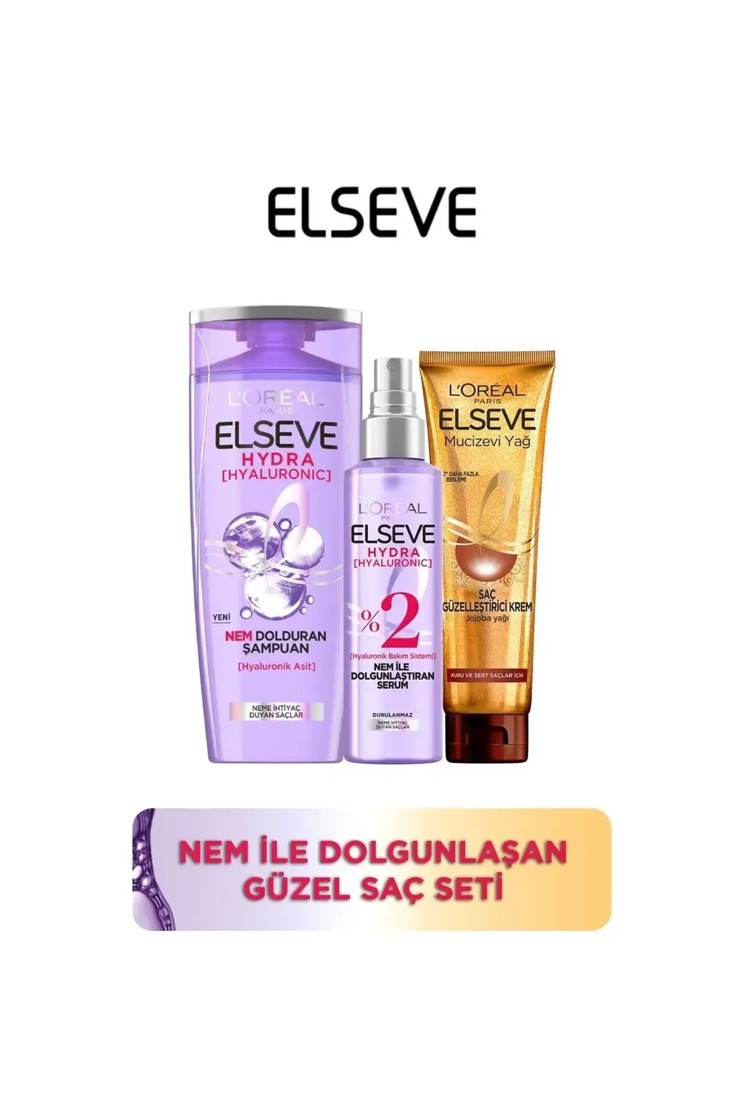 Elseve Hydra Şampuan + Serum + Mucizevi Yağ Saç Güzelleştirici Krem Seti - Kuru ve Sert Saçlar