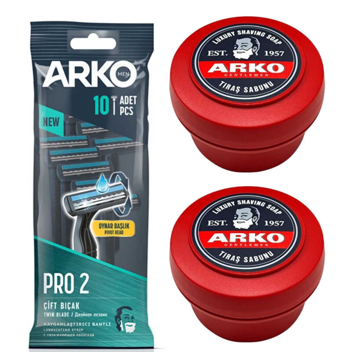 Arko Tıraş Bıçağı T2 Pro Poşet 10'lu + Arko Kase Tıraş Sabunu 150 gr x2 Tıraş Seti