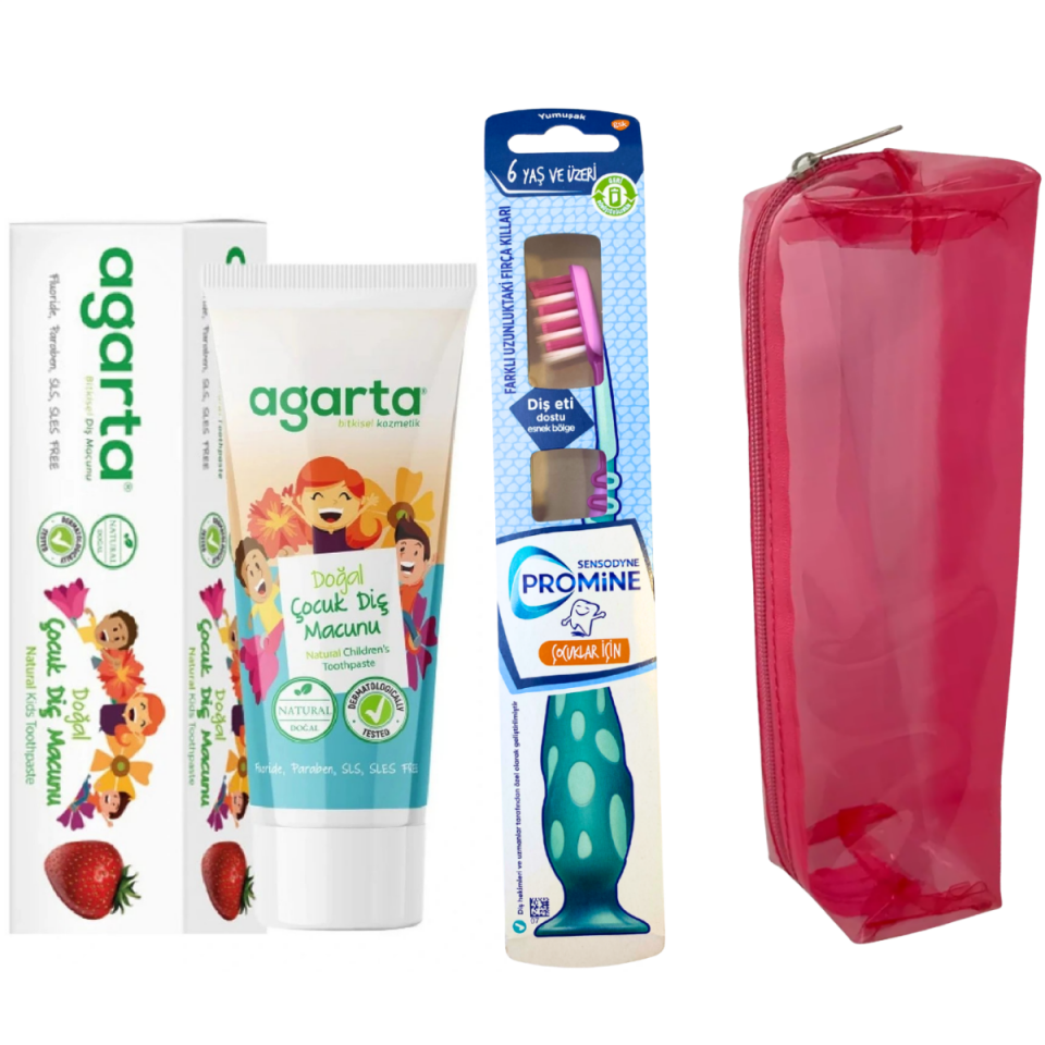 Sensodyne Promine 6+ Yaş Diş Fırçası + Agarta Çilekli Çocuk Diş Macunu 75 ml + Pembe Çanta Hediyeli