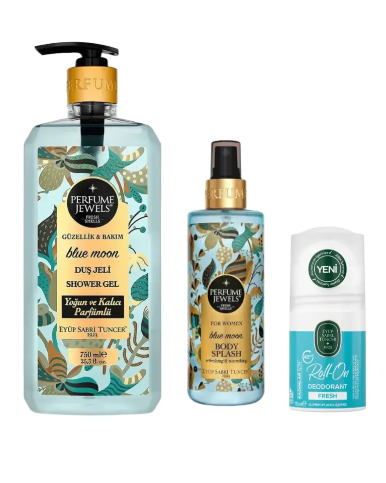 Eyüp Sabri Tuncer Blue Moon Duş Jeli 750 ml + Eyüp Sabri Tuncer Blue Moon 250 ml Vücut Spreyi + Eyüp Sabri Tuncer Fresh Kadın Roll On Deodorant 75 ml