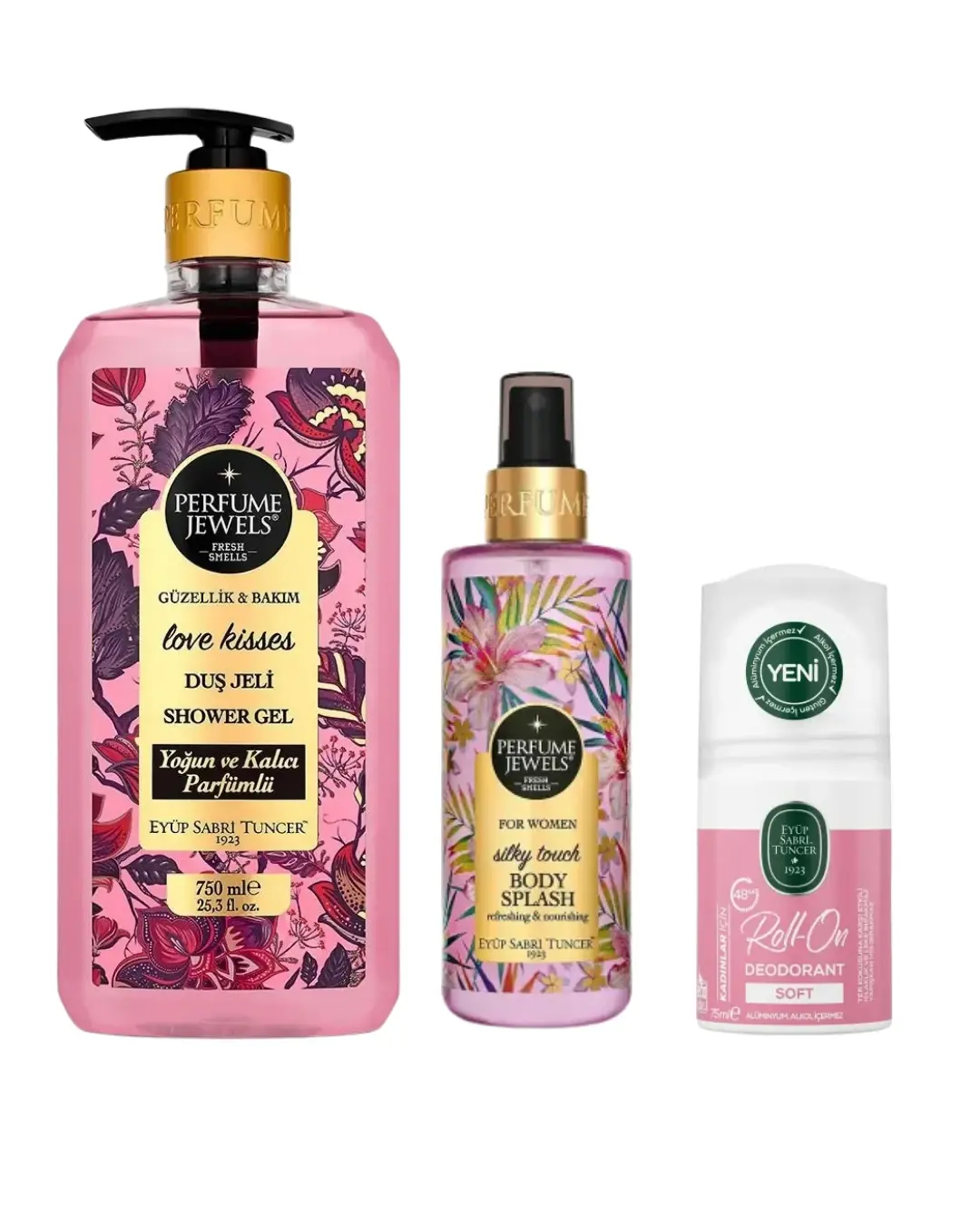 Eyüp Sabri Tuncer Love Kisses Duş Jeli 750 ml + Eyüp Sabri Tuncer Silky Touch 250 ml Vücut Spreyi + Eyüp Sabri Tuncer Soft Kadın Roll On Deodorant 75 ml